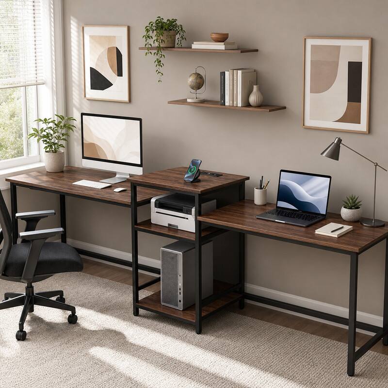 Angle. WELLFOR - 2-Person Computer Desk with Power Outlet and Printer Stand, 97 " Long Home Office Desk Writing Desk - Rustic Brown.