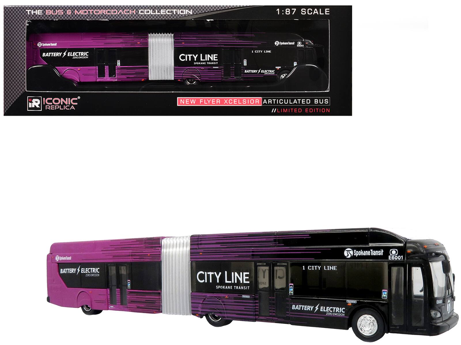 THE BUS & MOTORCOACH COLLECTION  
1:87 SCALE  

ICONIC REPLICA  

NEW FLYER XCELSIOR ARTICULATED BUS  
LIMITED EDITION  

BATTERY ELECTRIC  
ZERO EMISSION  

CITY LINE  
SPOKANE TRANSIT  

Spokane Transit  
BATTERY ELECTRIC  
ZERO EMISSION  

E6001