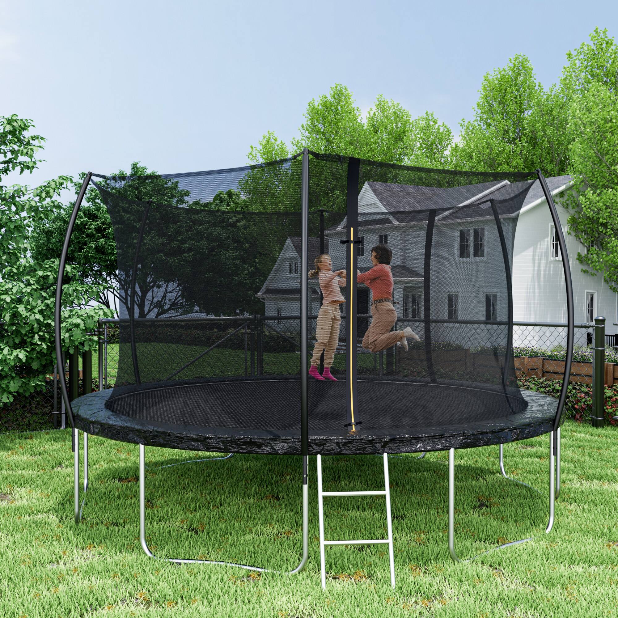 Alt View 4. Ecooso - 14FT Trampoline with Enclosure Net and Ladder: Curved Safety Poles, 72 Springs, 6 W-Legs, Zipper Door - Black.