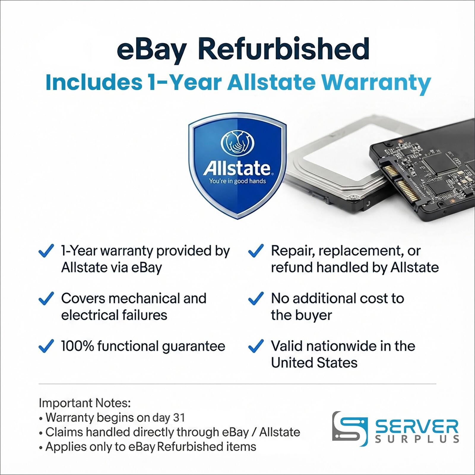 eBay Refurbished  
Includes 1-Year Allstate Warranty

- 1-Year warranty provided by Allstate via eBay
- Covers mechanical and electrical failures
- 100% functional guarantee
- Repair, replacement, or refund handled by Allstate
- No additional cost to the buyer
- Valid nationwide in the United States

Important Notes:
- Warranty begins on day 31
- Claims handled directly through eBay / Allstate
- Applies only to eBay Refurbished items

SERVER SURPLUS