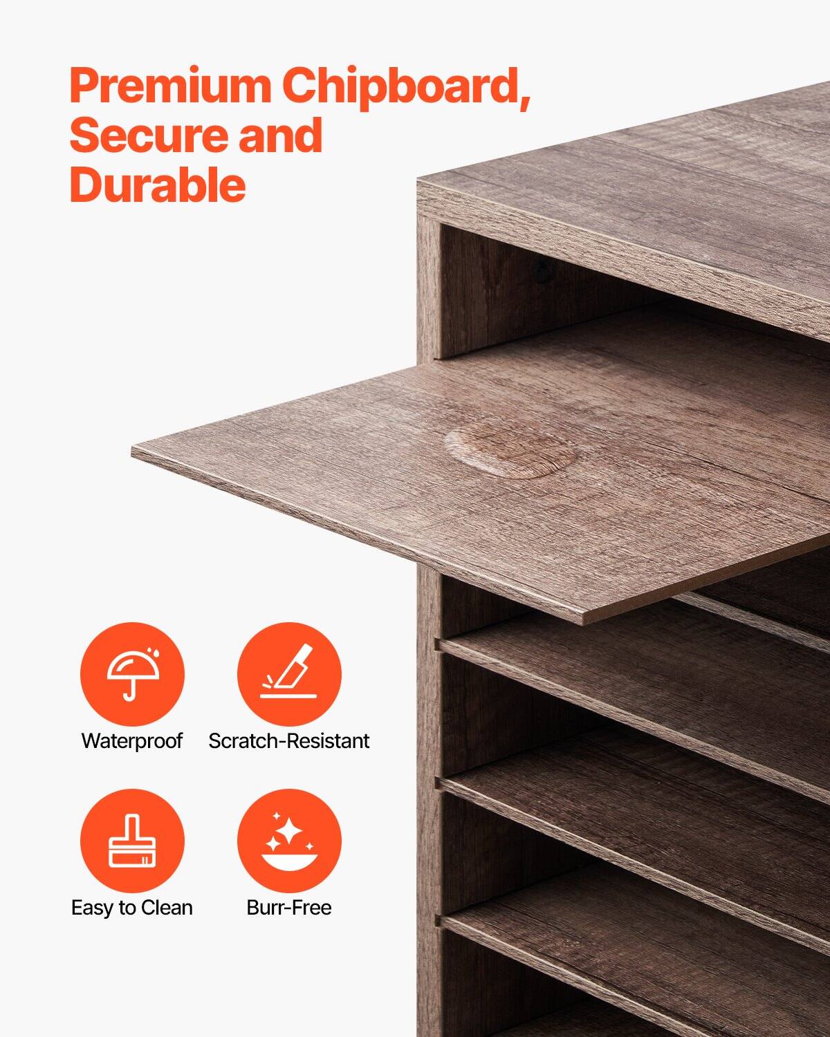 Premium Chipboard, Secure and Durable

- Waterproof
- Scratch-Resistant
- Easy to Clean
- Burr-Free