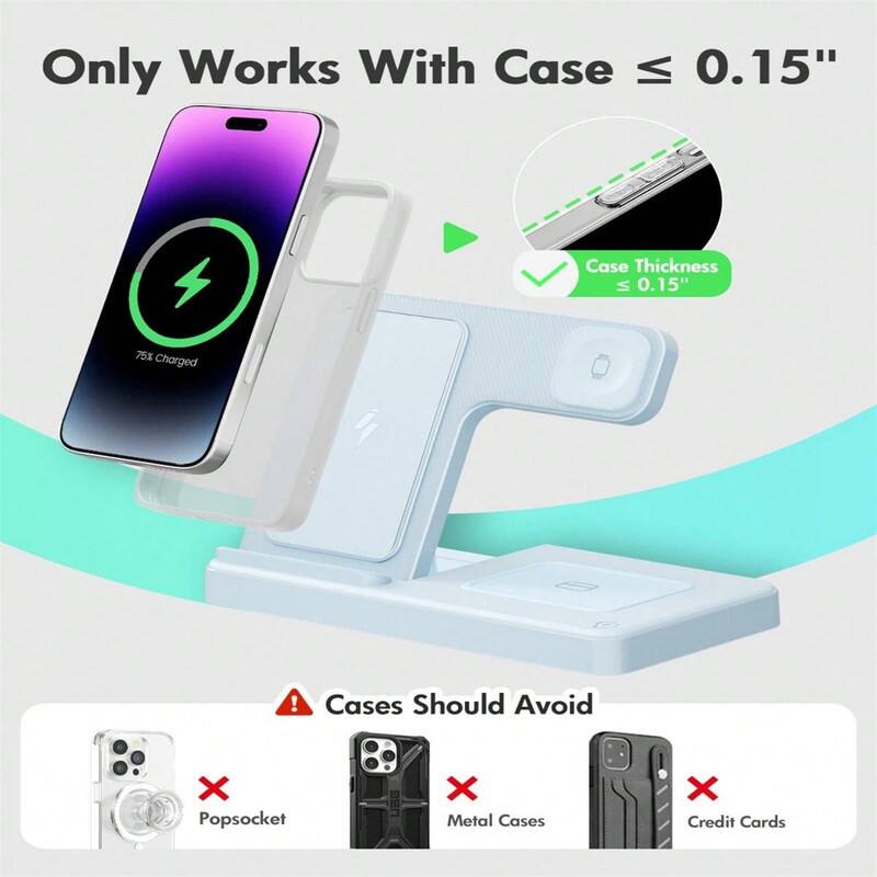Only Works With Case ≤ 0.15"  
Case Thickness ≤ 0.15"  
75% Charged  

Cases Should Avoid  
Popsocket  
Metal Cases  
Credit Cards