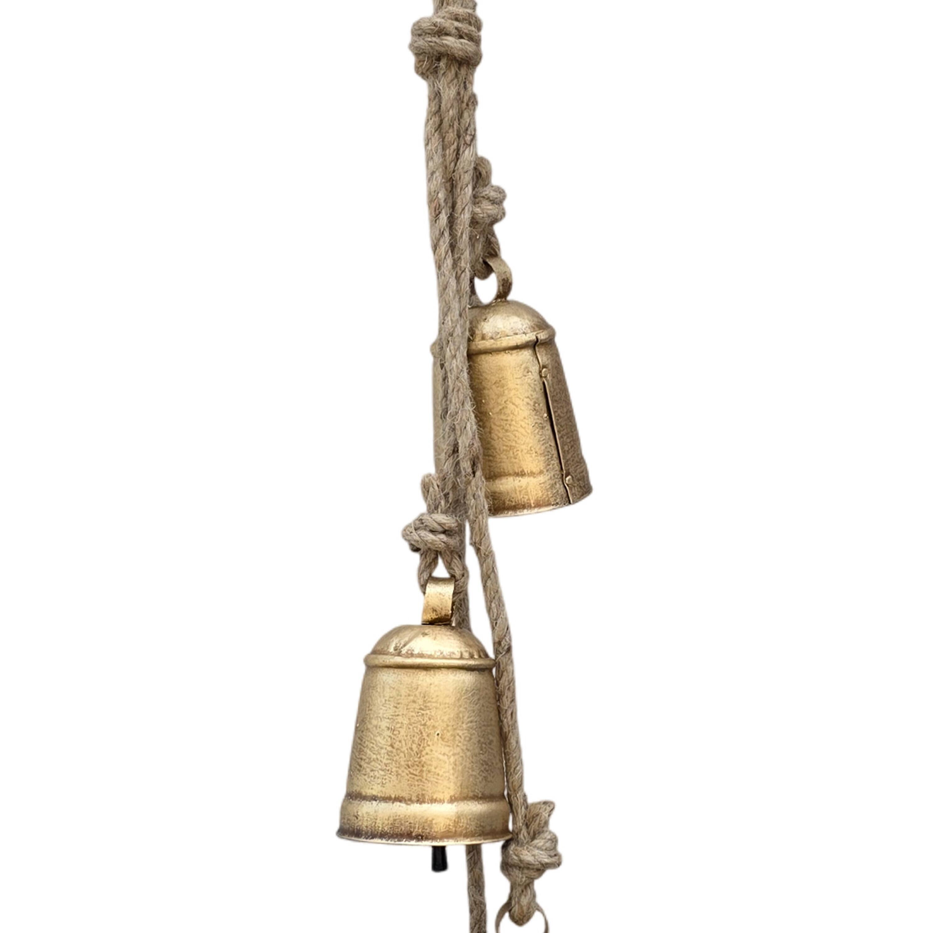 Back. Manhattan Lane - Zema Rustic Iron Hanging Bells Wall Decor, Cylindrical Cowbell on 28 Inch Jute Rope - Gold.
