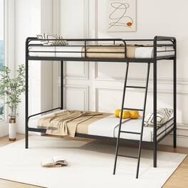 Gymax - Twin Over Twin Bunk Bed Heavy Duty Metal Bunk Bed w/ Ladder Safety Guardrails - Black