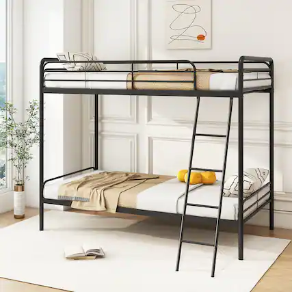 Front. Gymax - Gymax Twin Over Twin Bunk Bed Heavy Duty Metal Bunk Bed w/ Ladder Safety Guardrails - Black.