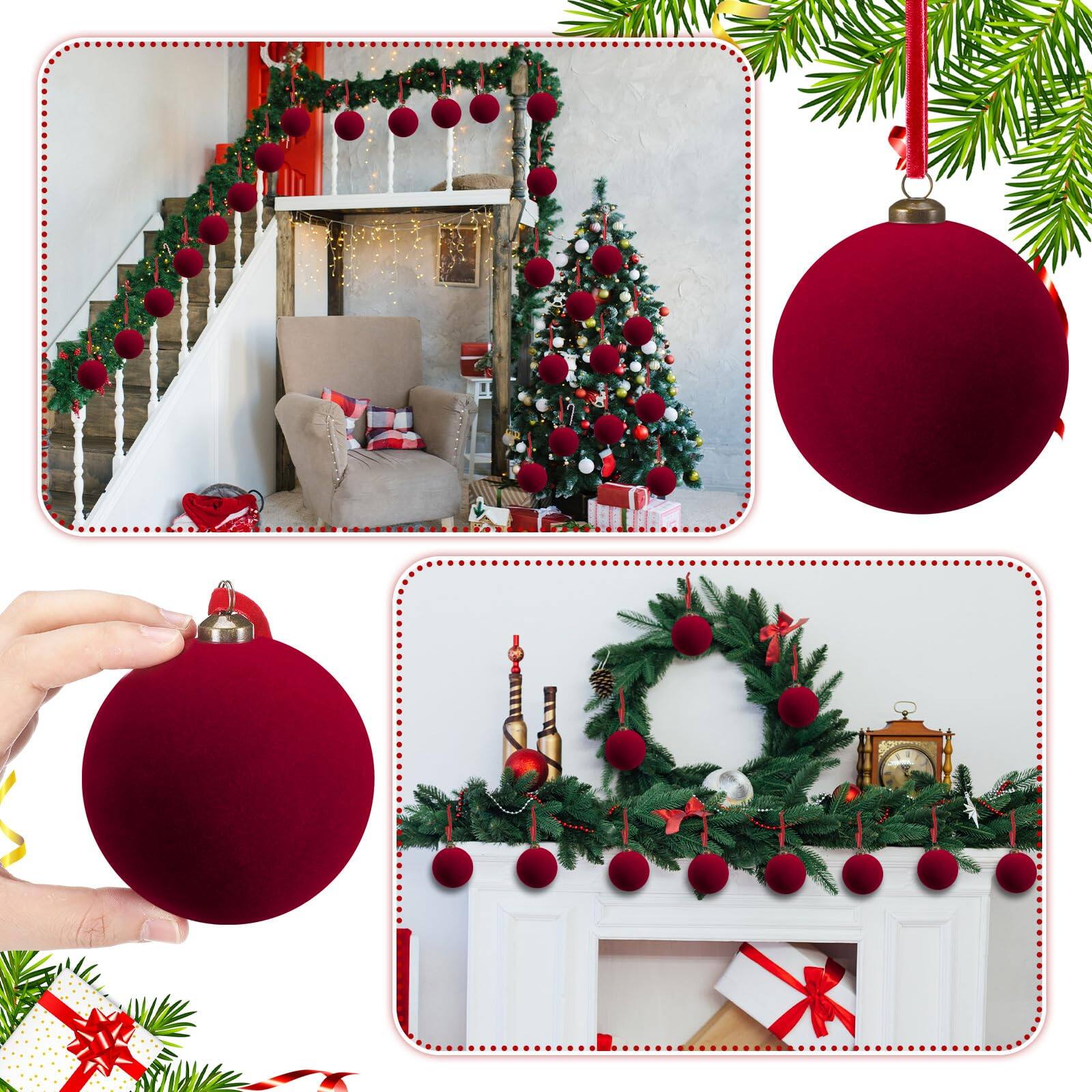 Alt View 4. Stylel Star - 32 Burgundy Christmas Balls Bulk - 3.15 Inch Flocked Tree Ball Ornaments Xmas Shatterproof Hanging For Garland - Burgundy.