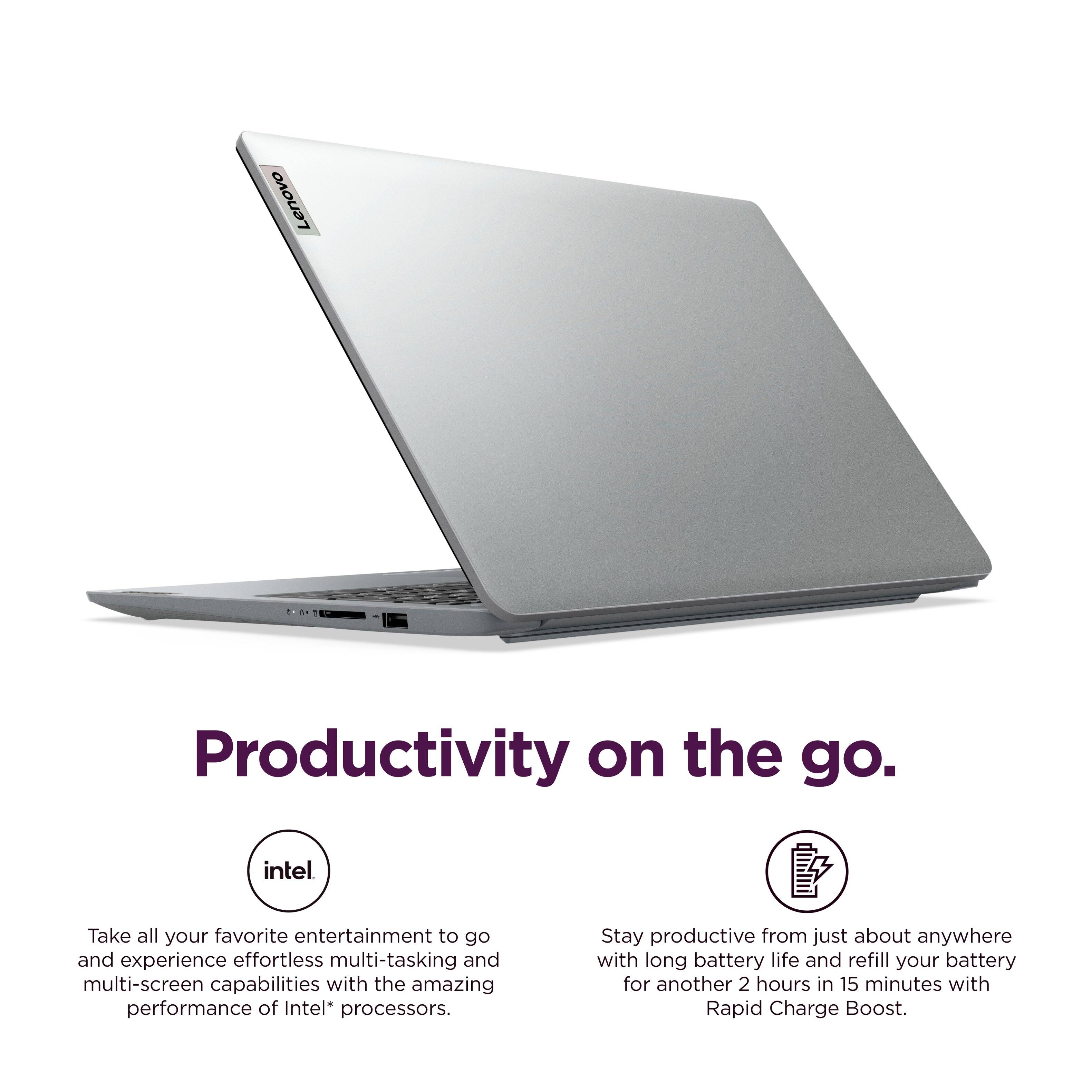 Lenovo, Productivity on the go. Intel, Take all your favorite entertainment to go and experience effortless multi-tasking and multi-screen capabilities with the amazing performance of Intel processors. Stay productive from just about anywhere with long battery life and refill your battery for another 2 hours in 15 minutes with Rapid Charge Boost.