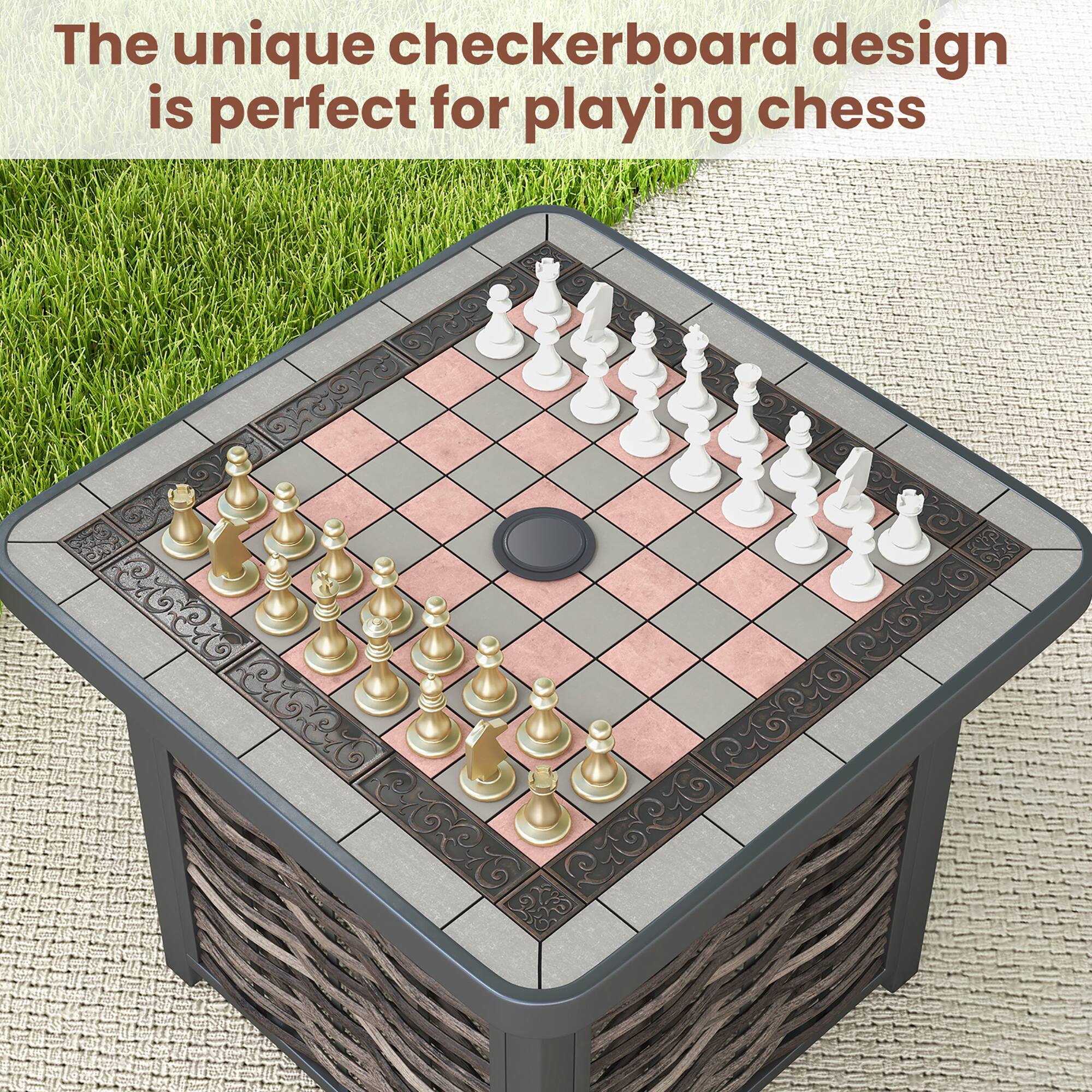 The unique checkerboard design is perfect for playing chess.