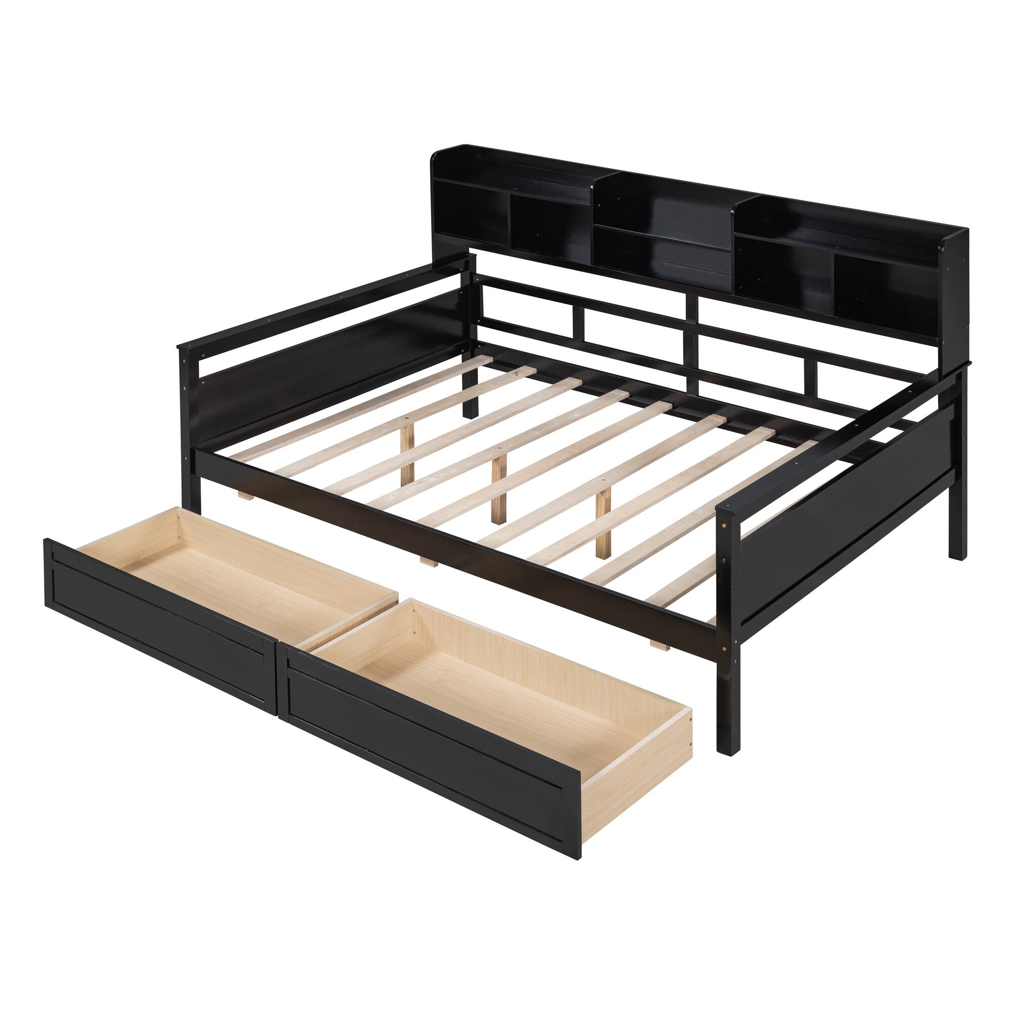 Left. Aukfa - Twin size Daybed, Wood Slat Support, with Bedside Shelves and Two Drawers - Espresso.