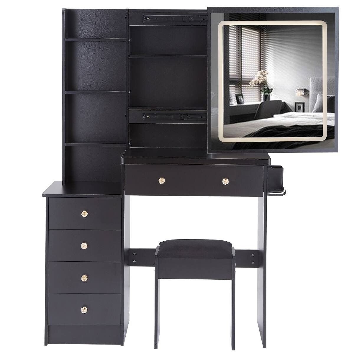 Loheer Makeup Vanity with Sliding Mirror, MDF Table with Padded Stool ...