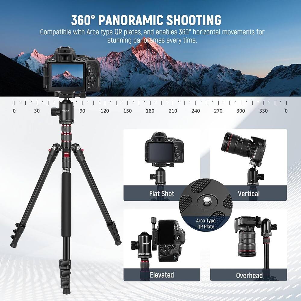 360° PANORAMIC SHOOTING  
Compatible with Arca type QR plates, and enables 360° horizontal movements for stunning panoramas every time.

- Flat Shot
- Vertical
- Elevated
- Overhead

Arca Type QR Plate