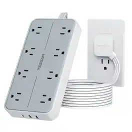 TESSAN - 8-Outlet 2-USB 1-USB-C 1080 Joules Surge Protector Strip with 6 ft Power Cord - Grey White