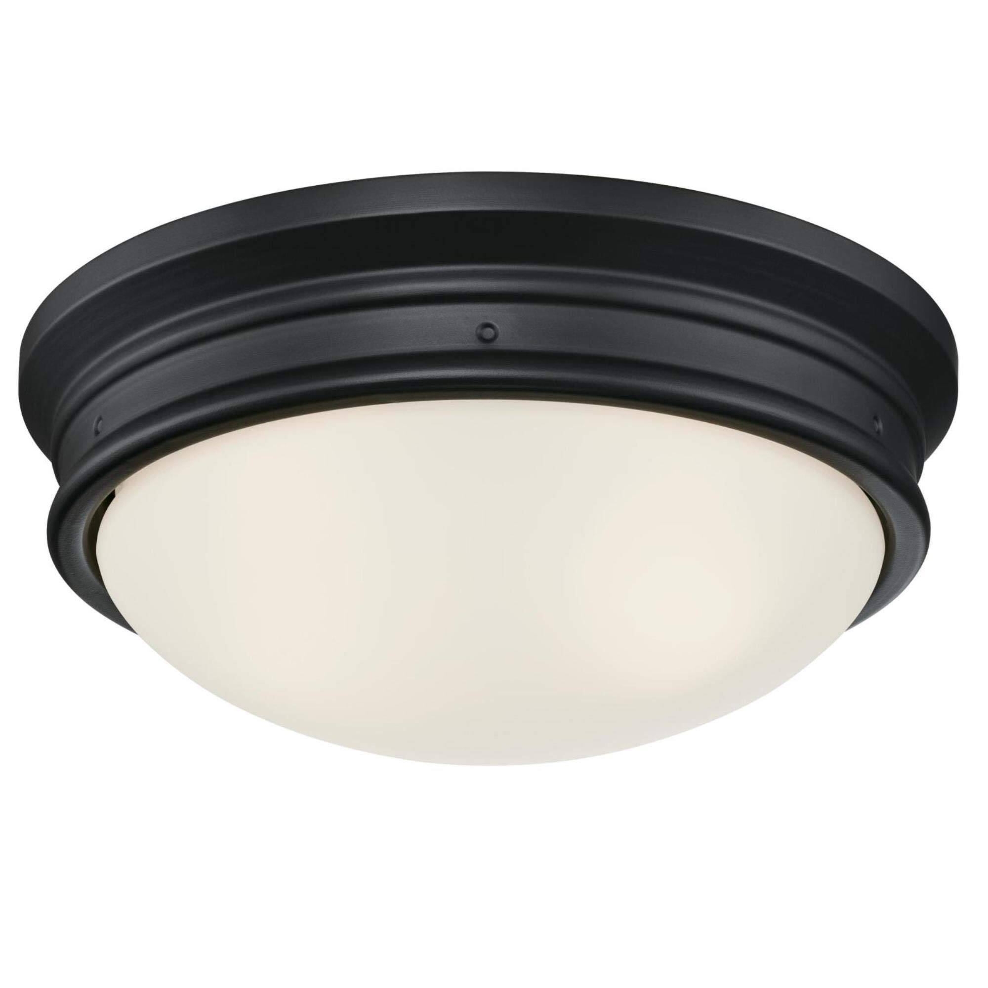 Front. Amber Sporting Goods - Meadowbrook 13 inch Traditional Two-Light Flush Mount Outdoor Ceiling Light Fixture Matte Black Finish, Frosted Glass.