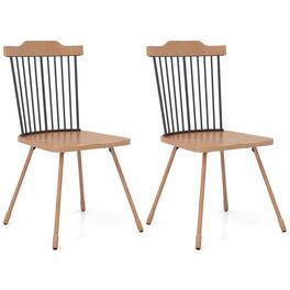 Gymax - Windsor Chair Set of 2 Metal Legs Supported Dining Chair Farmhouse Armless Chair - Natural, Black