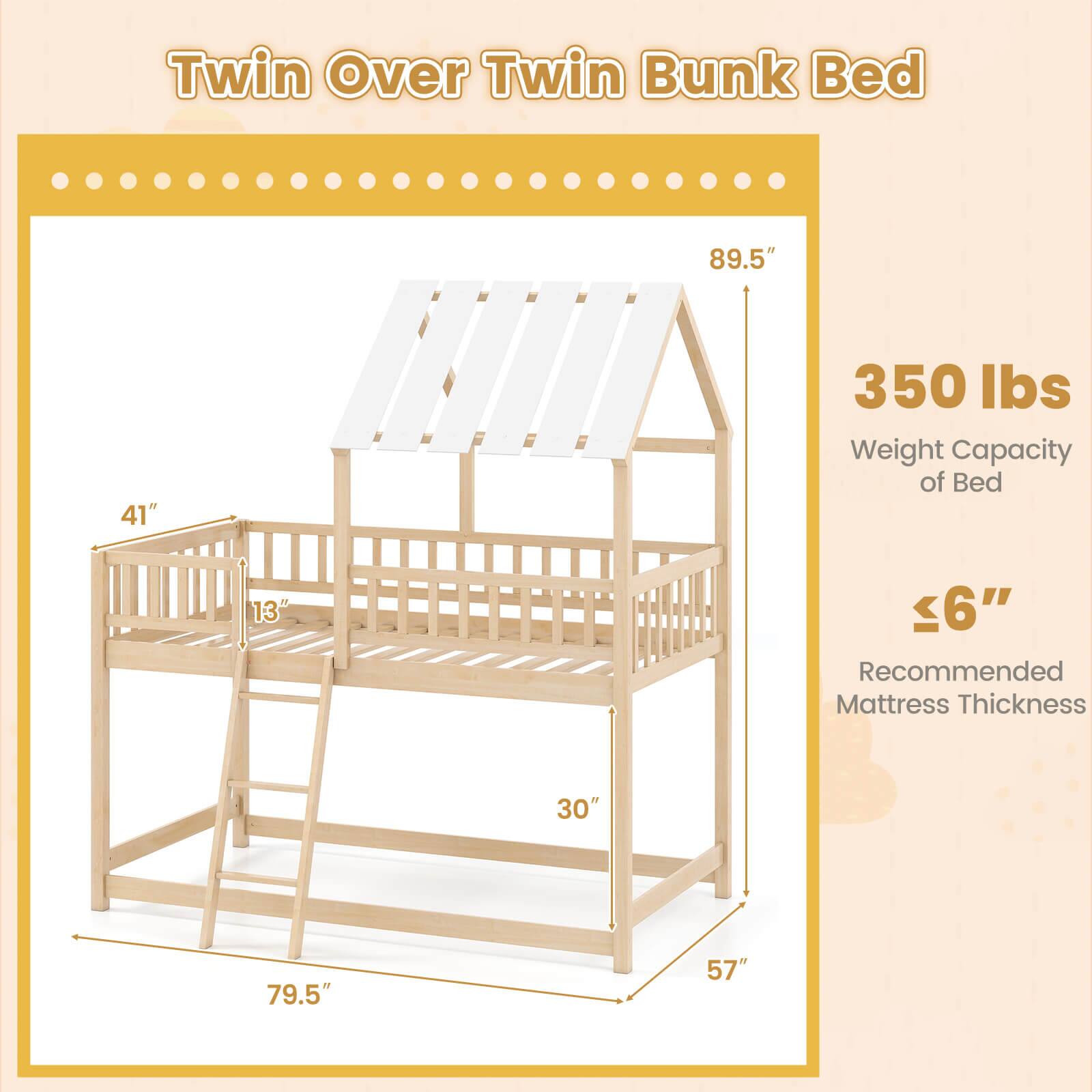 Twin Over Twin Bunk Bed

- 89.5" (Height)
- 41" (Width)
- 79.5" (Depth)
- 350 lbs (Weight Capacity of Bed)
- 13" (Height of Bed)
- 30" (Width of Bed)
- 57" (Depth of Bed)
- ≤6" (Recommended Mattress Thickness)