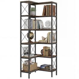 Homcom - L-Shaped Bookshelf, Freestanding Bookcase with Metal Frame - Rustic Brown