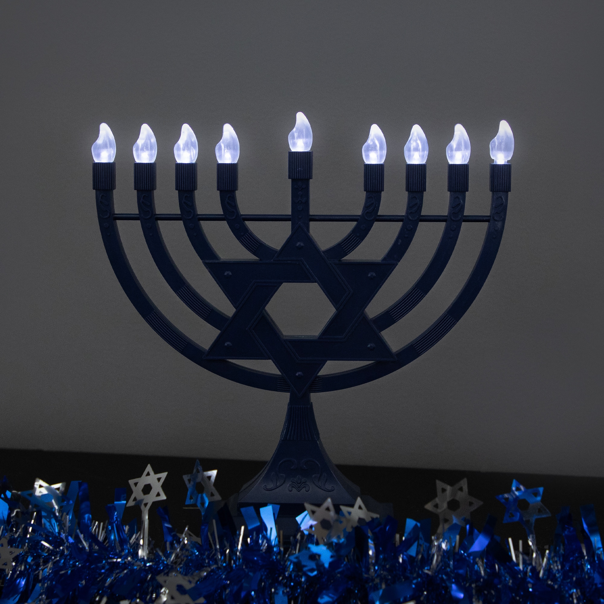 Northlight - Battery Operated LED Lighted Star of David Hanukkah Menorah - 11.75" - Blue