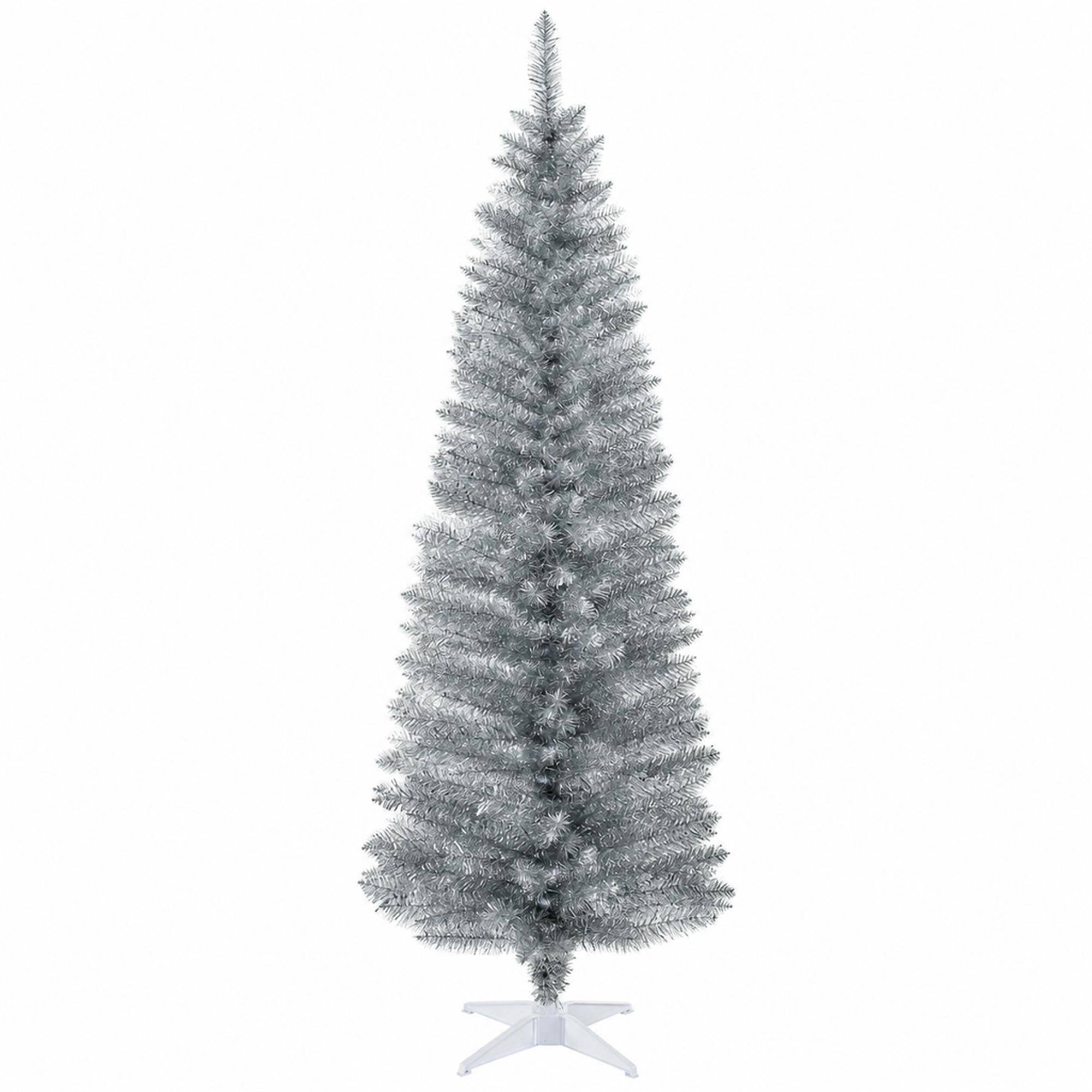Front. RYHNUYNE - 6 Ft Slim Pencil Silver Artificial Christmas Tree With 390 Realistic Tips, Plastic Base Easy Setup Holiday Decor - Silver.