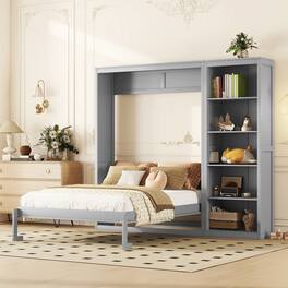 Tiramisubest - Queen Size Gray Murphy Wall Bed with Shelves, Solid Wood + MDF, Space-Saving - Gray