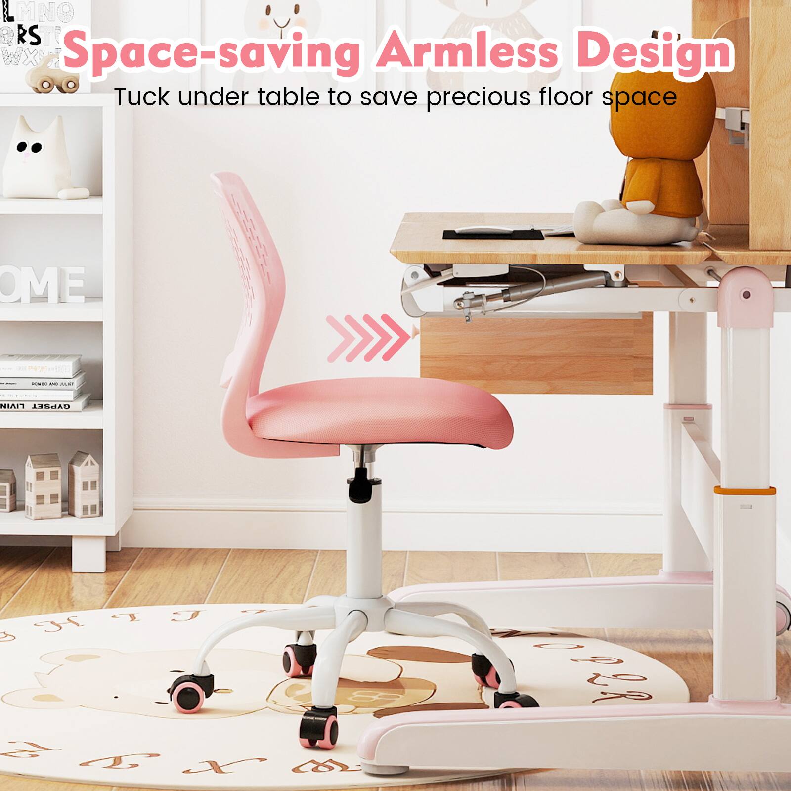 Space-saving Armless Design  
Tuck under table to save precious floor space