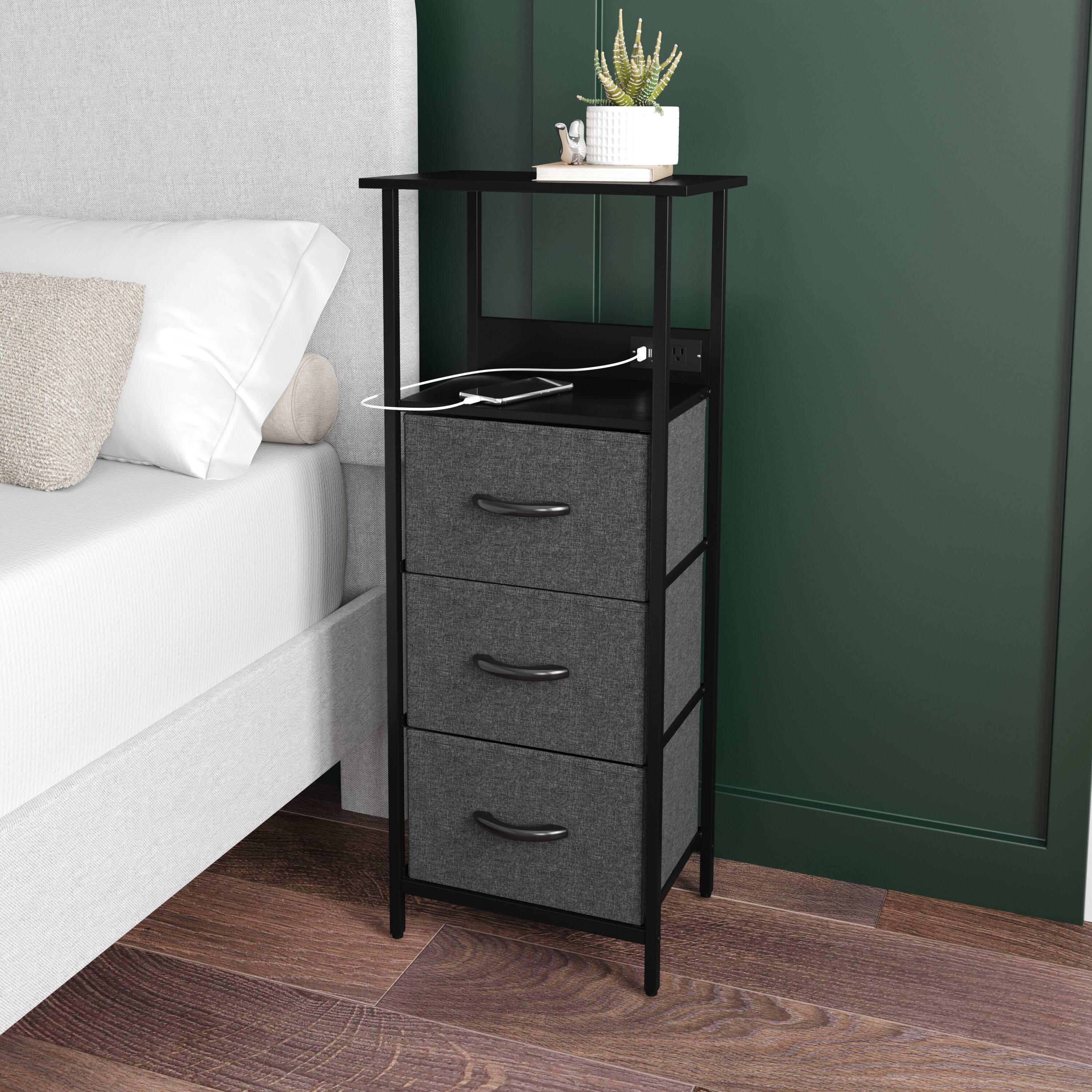 Alt View 1. Emma + Oliver - Charging Nightstand with 3 Fabric Drawers, 2 USB Ports, 1 Outlet - Charcoal Drawers/Black Frame.