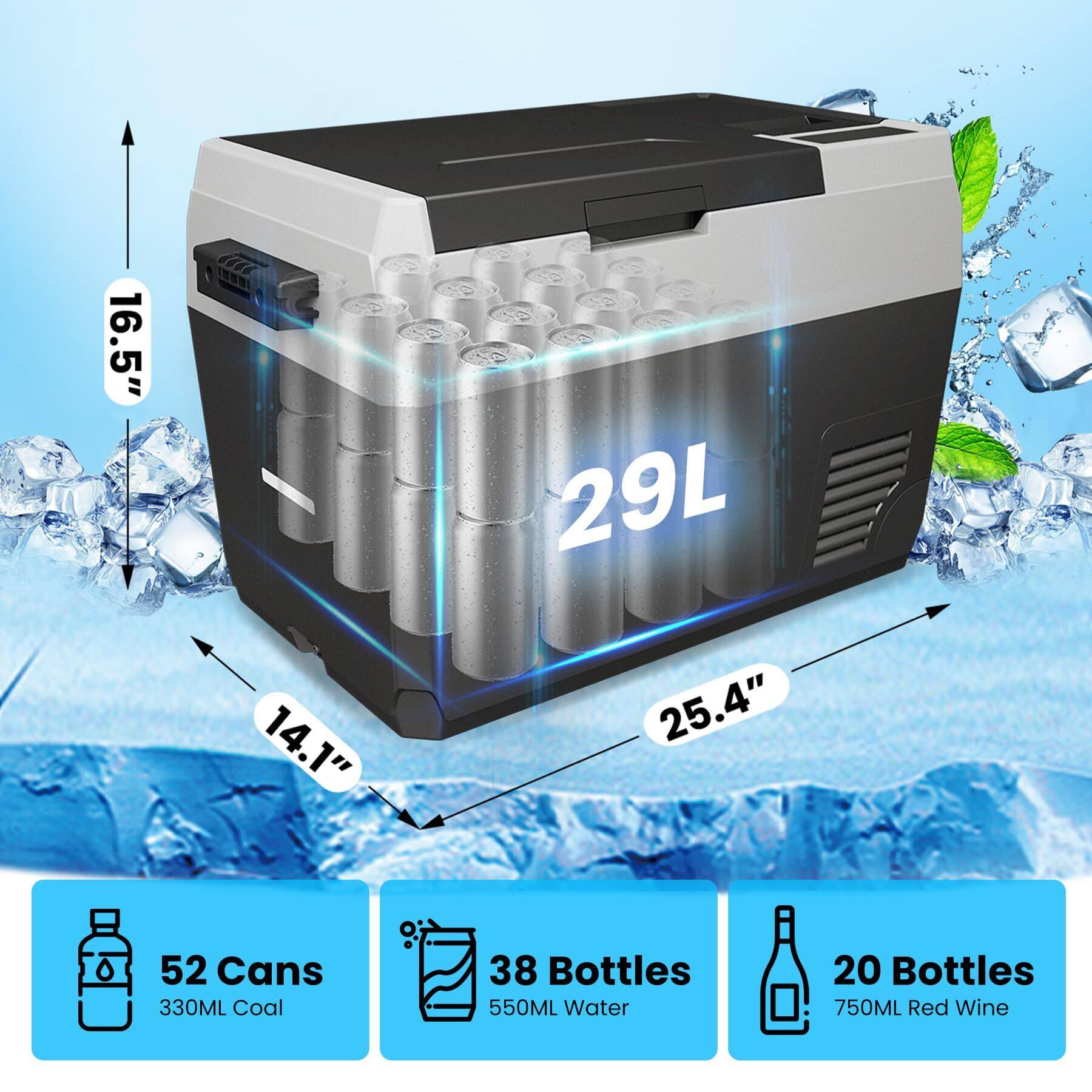 16.5" x 14.1" x 25.4"  
29L  

52 Cans 330ML Coal  
38 Bottles 550ML Water  
20 Bottles 750ML Red Wine