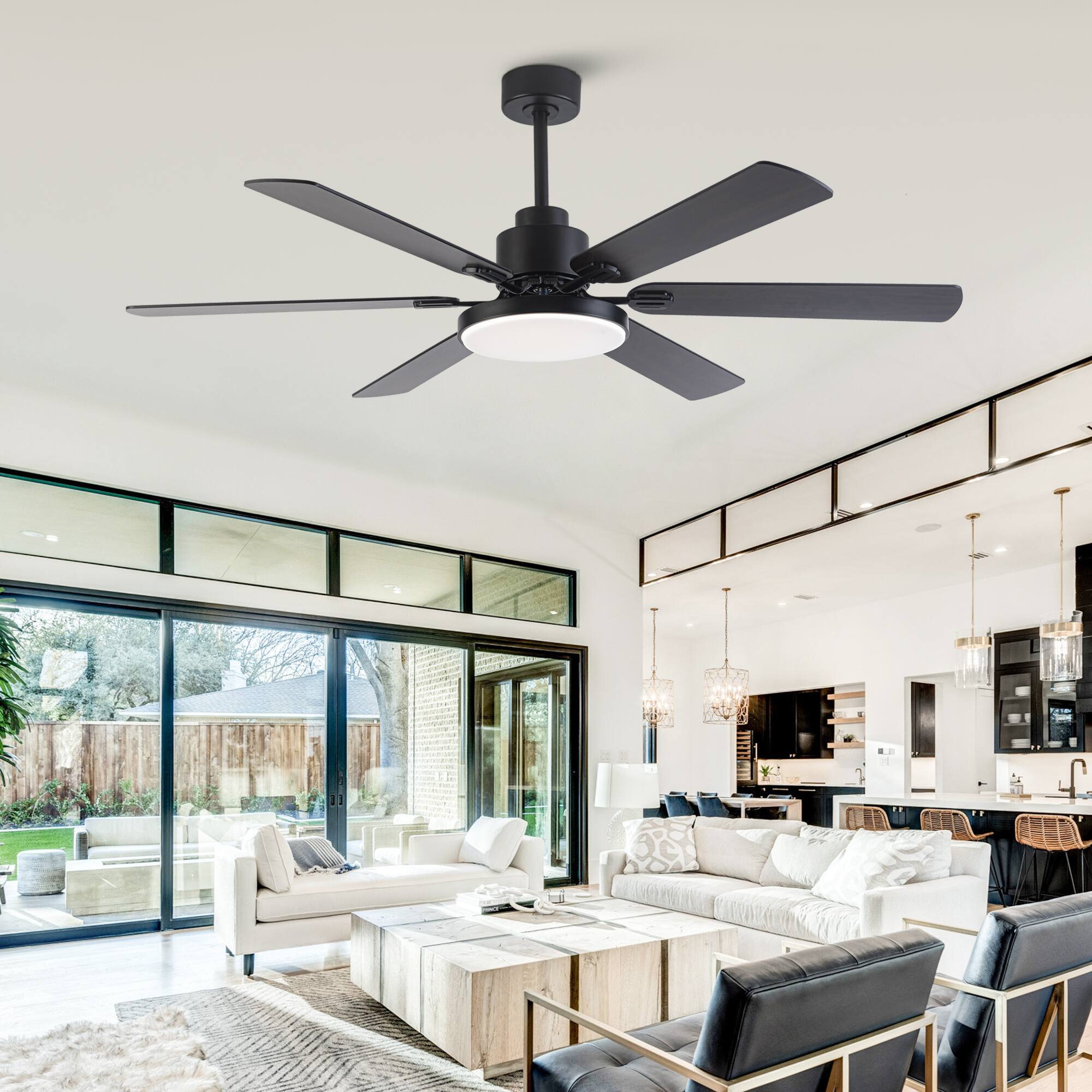 Alt View 1. Parrot Uncle - 60" Modern 6-Blade Dimmable LED Ceiling Fan with Light and Remote - Matte Black.