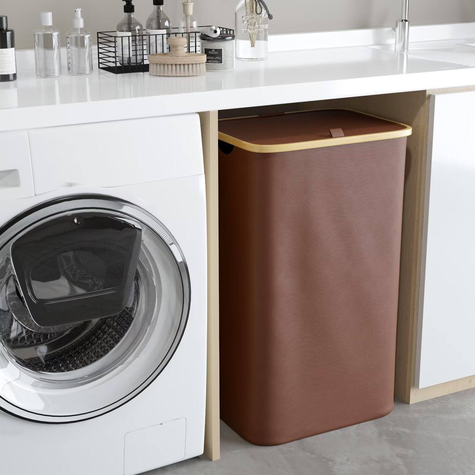Alt View 1. Tooloton - Large Laundry Hamper with Lid (110L) – Collapsible Tall Clothes Basket with Bamboo Handles, Brown - Brown.