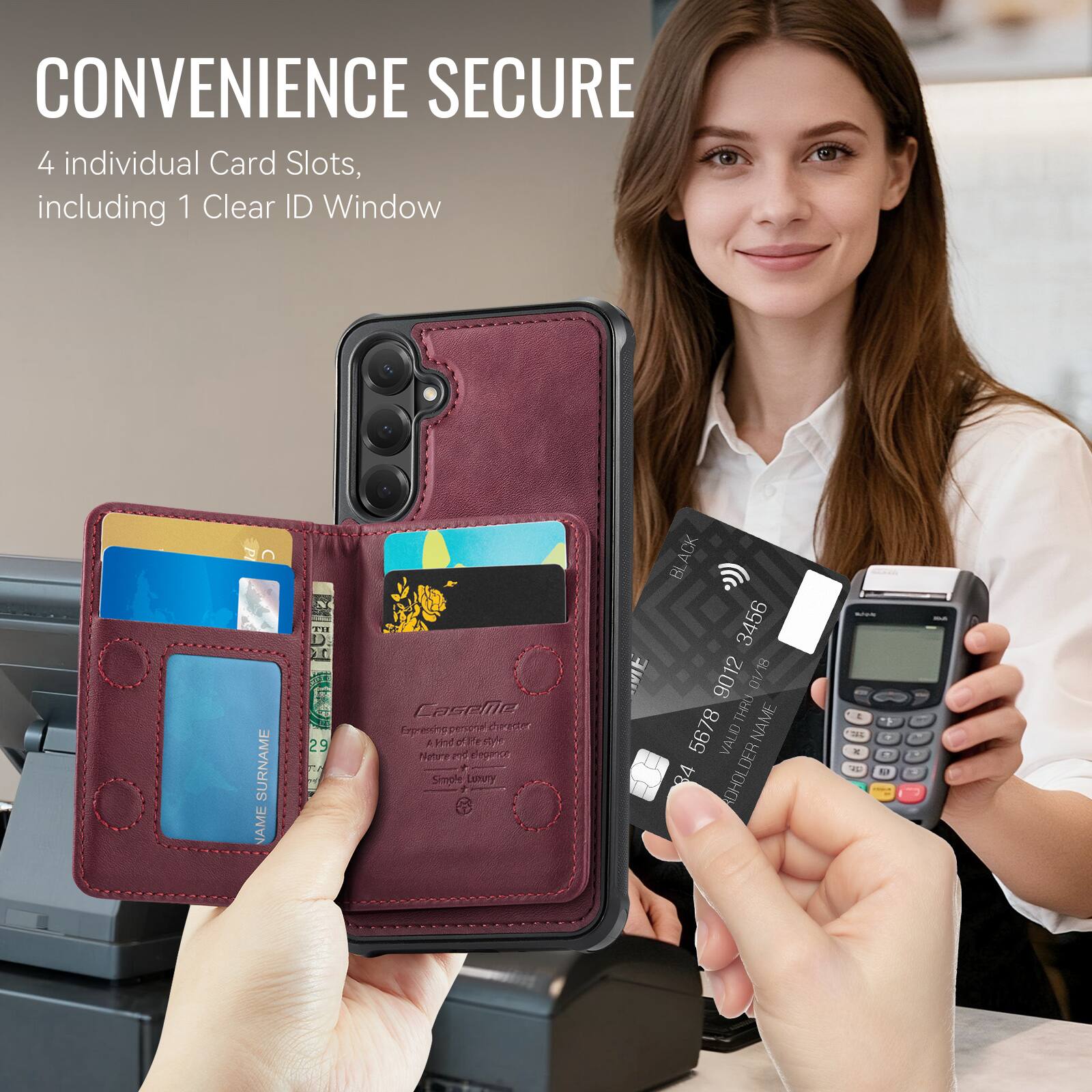 CONVENIENCE SECURE  
4 individual Card Slots, including 1 Clear ID Window  

SURNAME NAME  
TH D 20 29 0  
ds Caselln Exprendies pespor CP A A  
Fa NetiFe N Pr Simole Lenury E  
ACK BL 3456 9012 01/18 0V THRU  
NAME 5678 1 VAUID 24 ADHOLDER