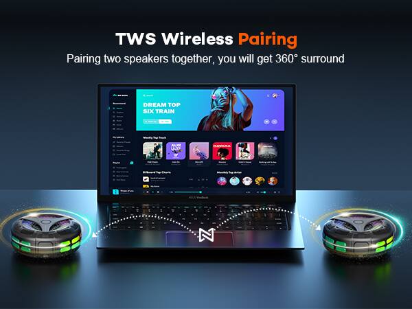 TWS Wireless Pairing  
Pairing two speakers together, you will get 360° surround  

DREAM TOP SIX TRAIN  

ALXE UUT NAVANA  

Tep & 1