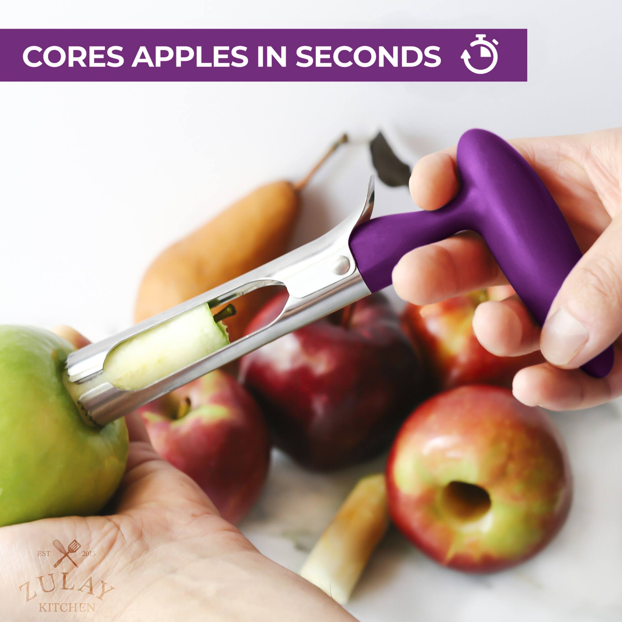 Angle. Zulay Kitchen - Zulay Kitchen Premium Apple Corer Tool - Ultra Sharp, Stainless Steel, Serrated Blades for Easy Coring - Plum.
