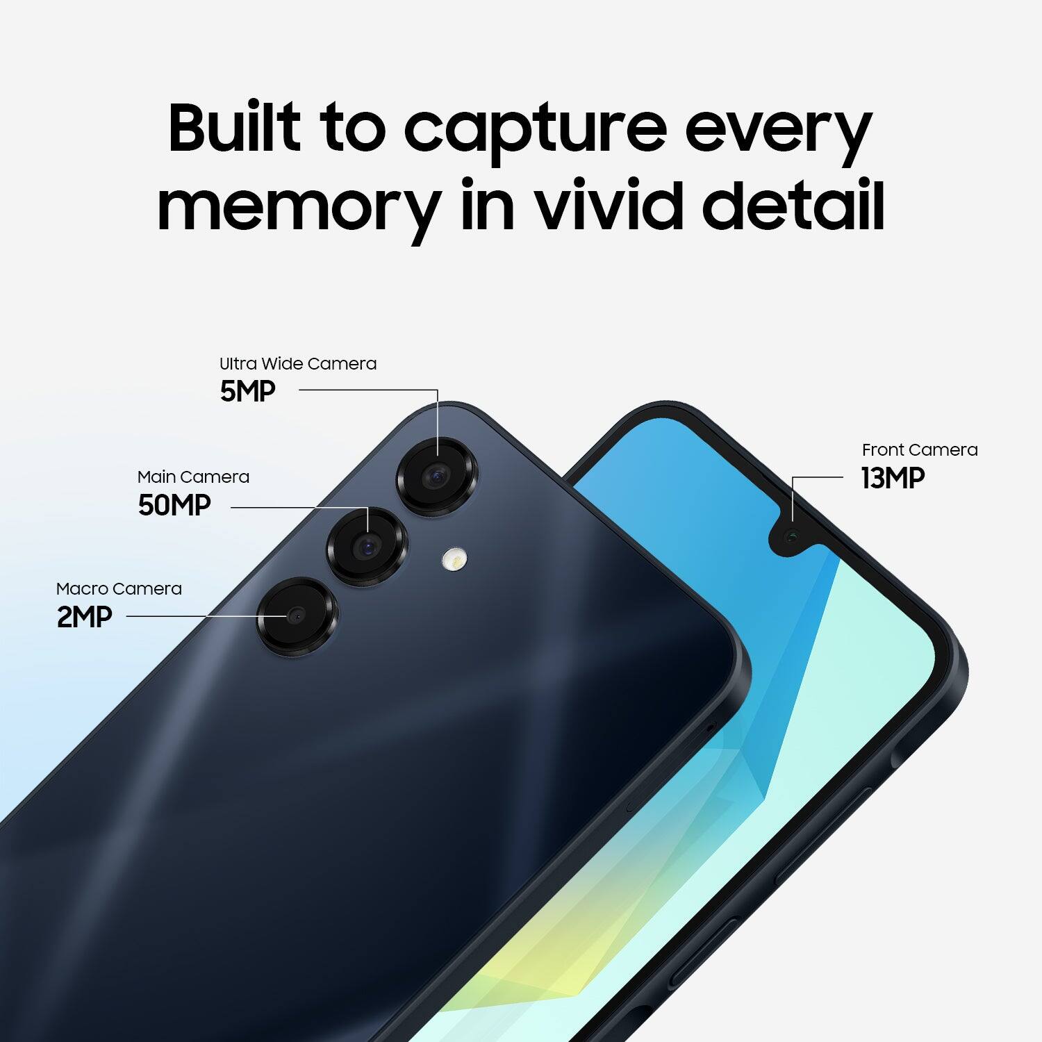 Built to capture every memory in vivid detail

- Ultra Wide Camera: 5MP
- Main Camera: 50MP
- Macro Camera: 2MP
- Front Camera: 13MP
