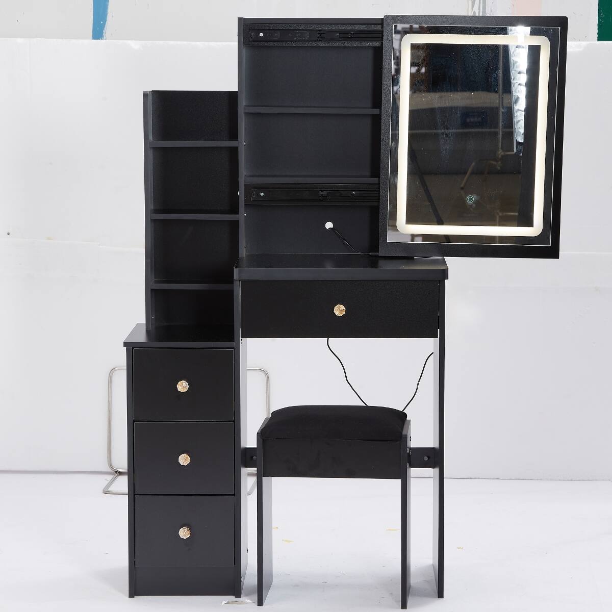 Alt View 3. Loheer - Loheer Small Bedroom Makeup Vanity with Touch Control LED Mirror and Padded Stool - Black.