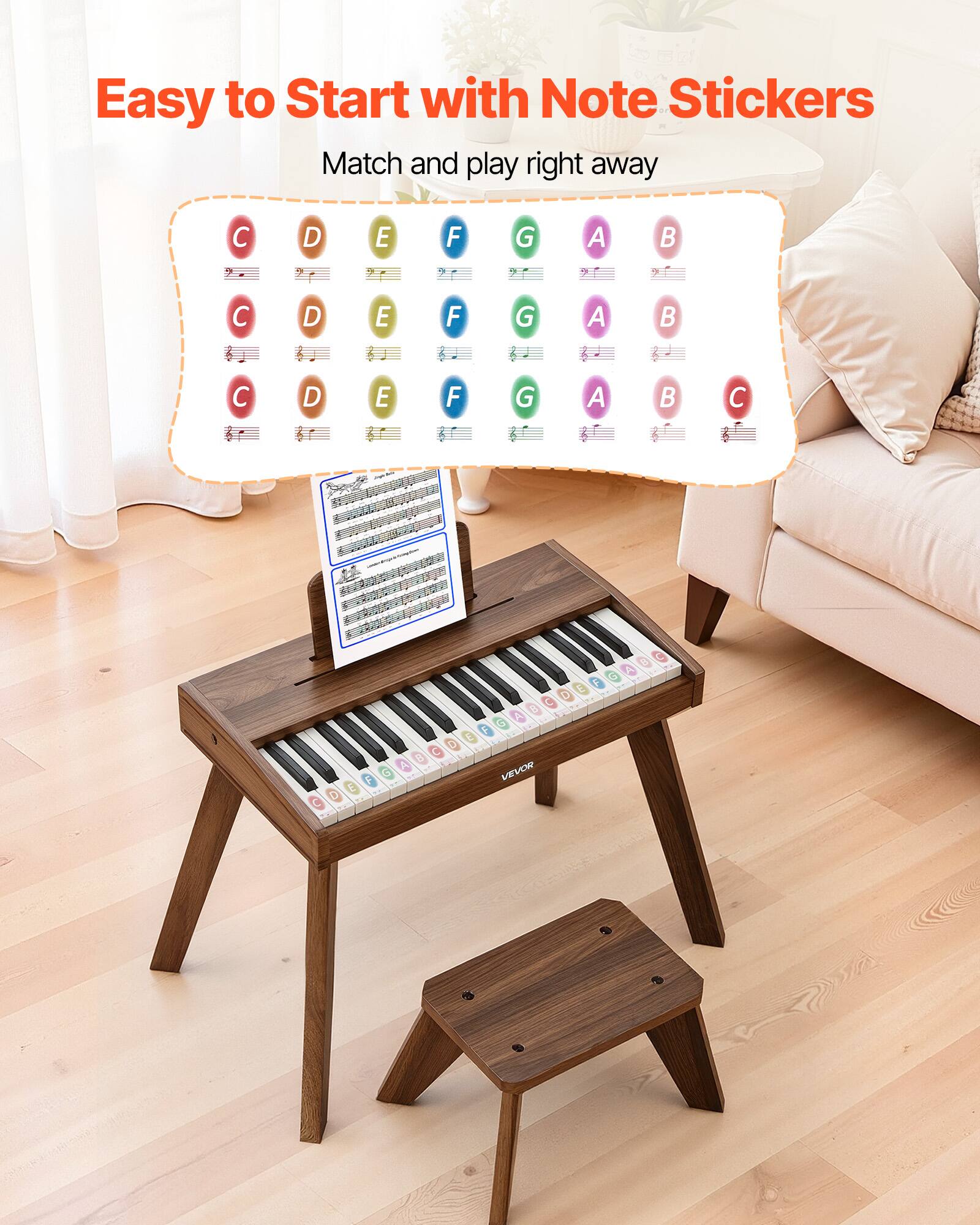 Easy to Start with Note Stickers  
Match and play right away  

C D E F G A B  
C D E F G A B  
C D E F G A B  

F E D C B A G  
A F E D C B A  

VELCW G F E D C A R G A