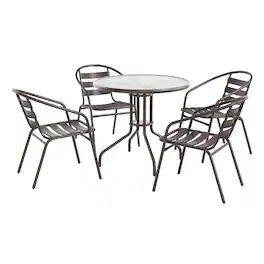 Flash Furniture - Lila 31.5'' Round Glass Top Metal Table with 4 Bronze Aluminum Slat Stack Chairs - Brown