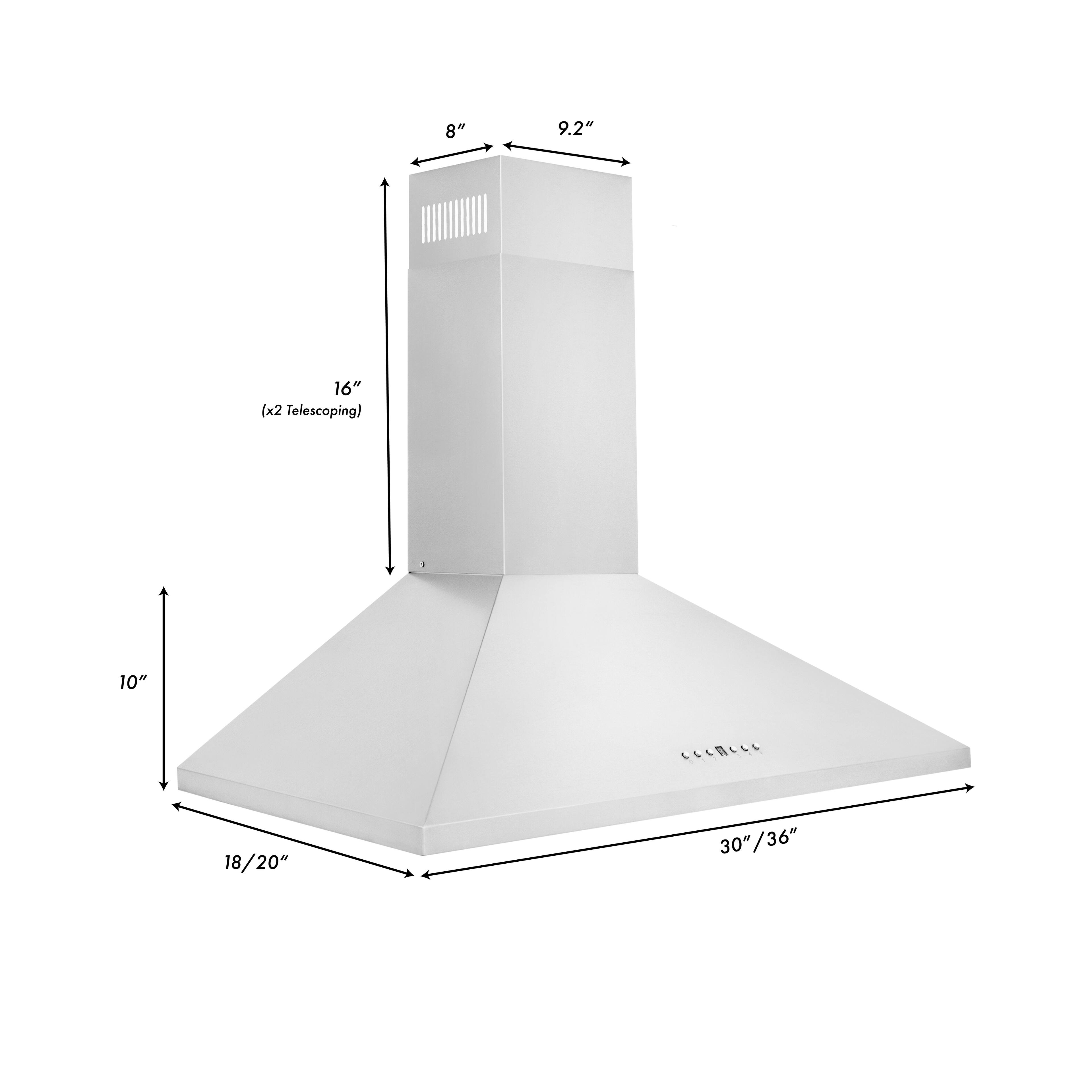 The text on the image reads: "8" 9.2" 16" (x2 Telescoping) 10" 18/20" 30"/36"". The correct grouping and text would be: "8" 9.2" 16" (x2 Telescoping) 10" 18/20" 30"/36"".