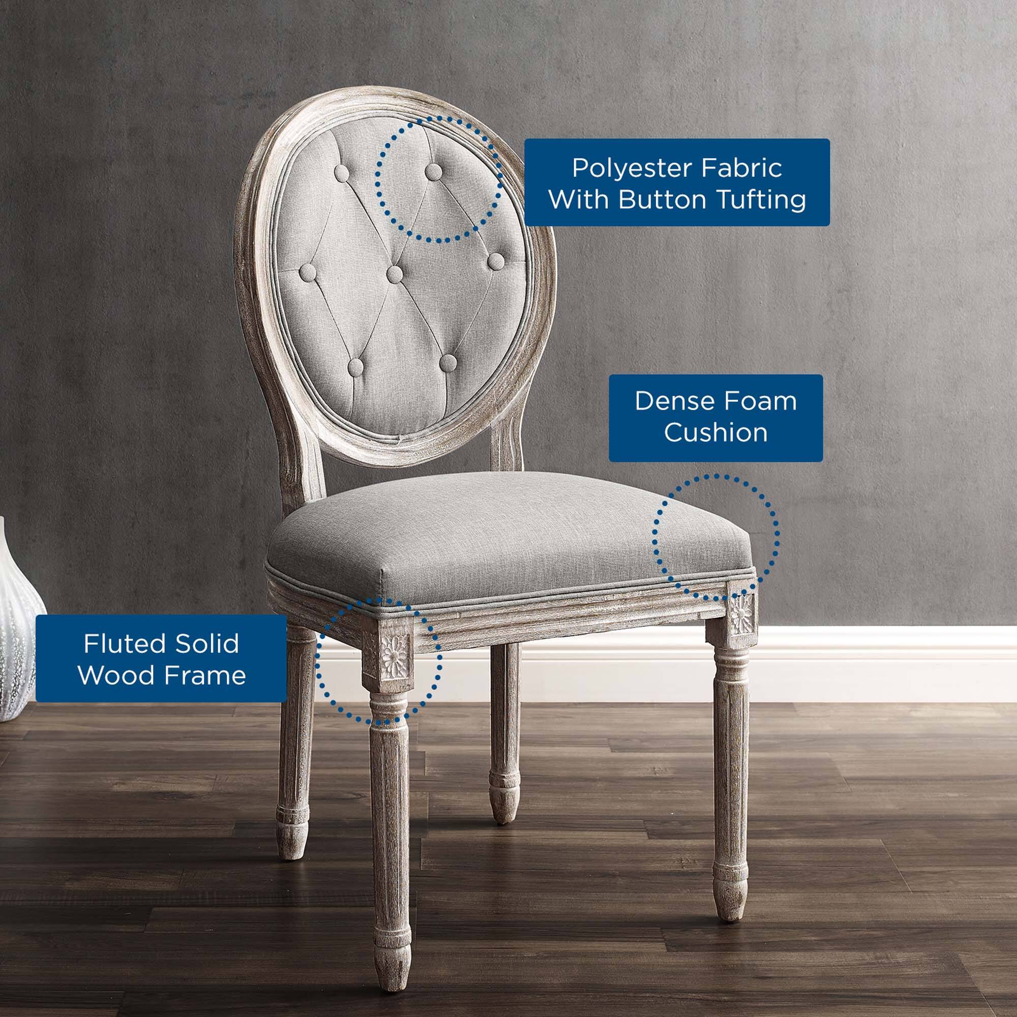 Polyester Fabric With Button Tufting  
Dense Foam Cushion  
Fluted Solid Wood Frame