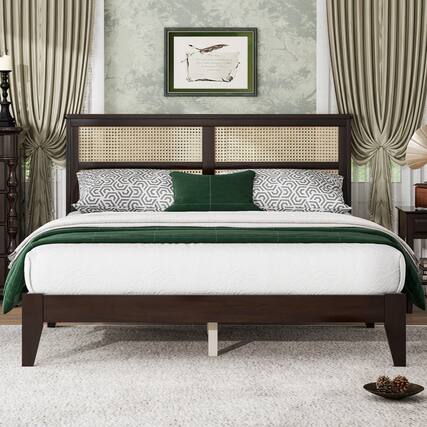 Front. GOODSILO - Queen Size Solid Wood Bed with Rattan Headboard and Enhanced Support Feet - Espresso.