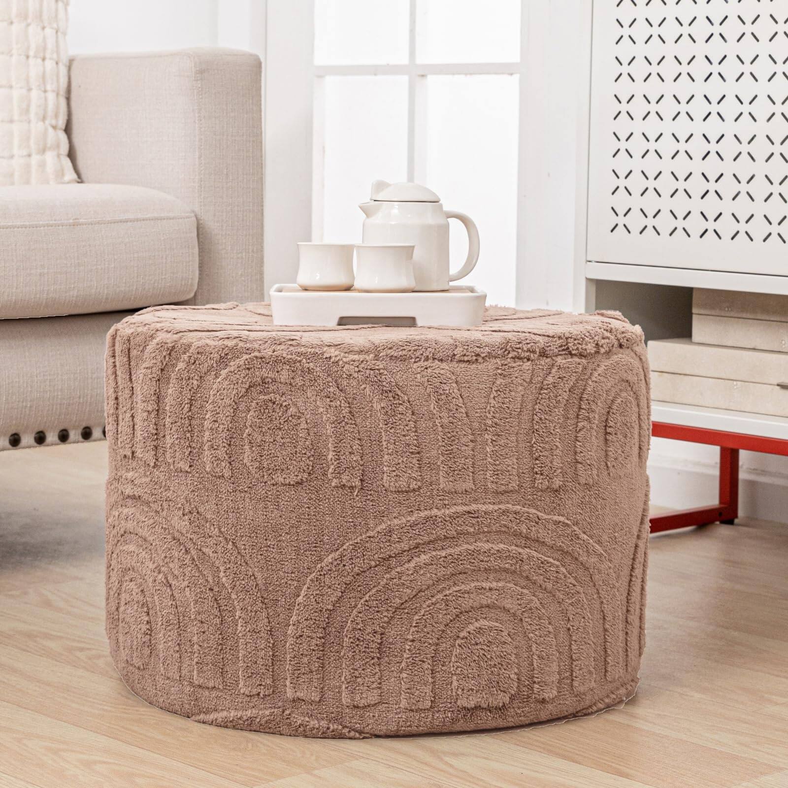 JETRANSPORT - Pouf Ottoman Round Foot Rest Stool Poufs For Living Room Bean Bag Chair Floor Storage Solution Or - Light Coffee 20"D x 20"W x 14"H