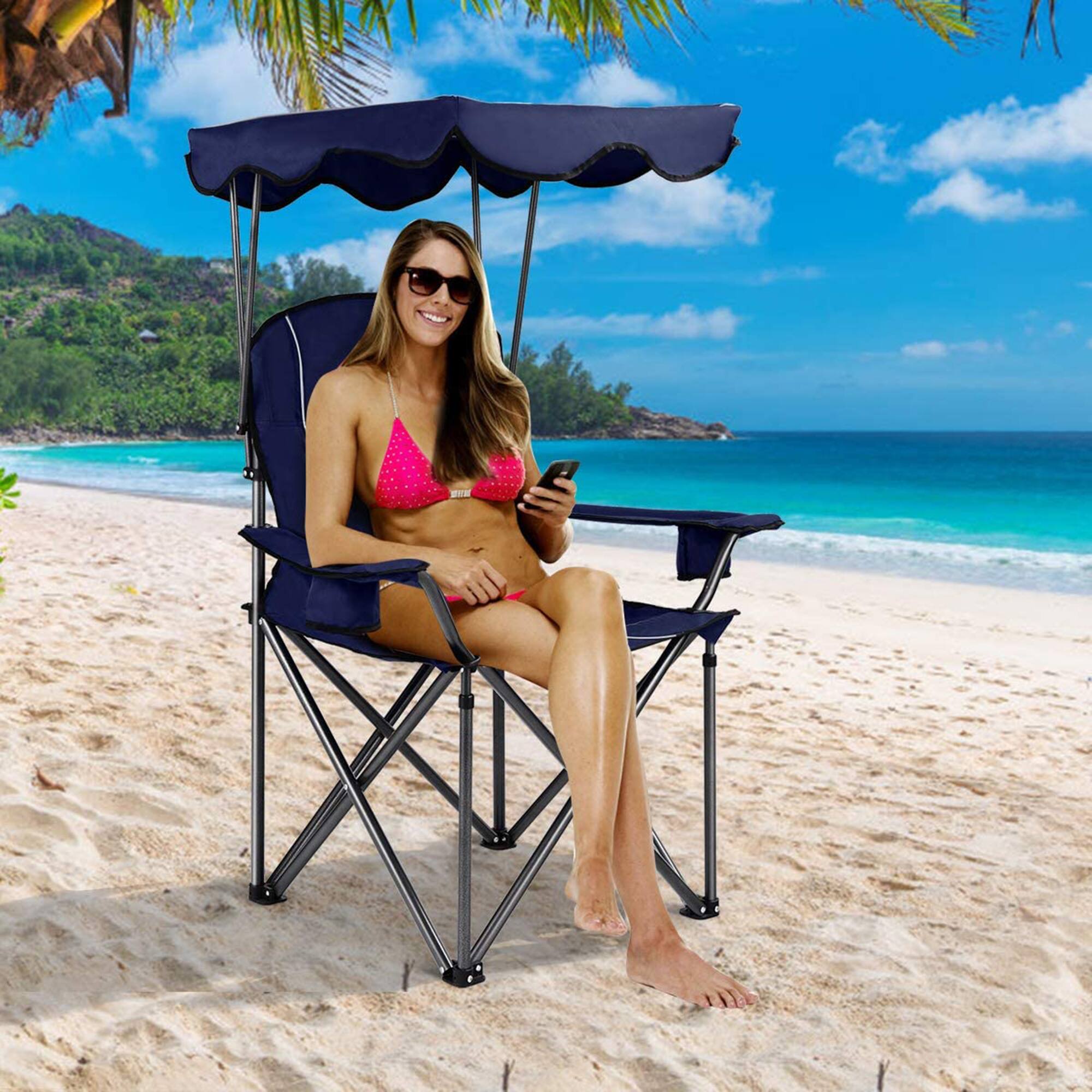 Alt View 3. Gymax - Gymax Folding Canopy Camping Chair Portable Beach Chair w/ Carrying Bag Blue - Blue.