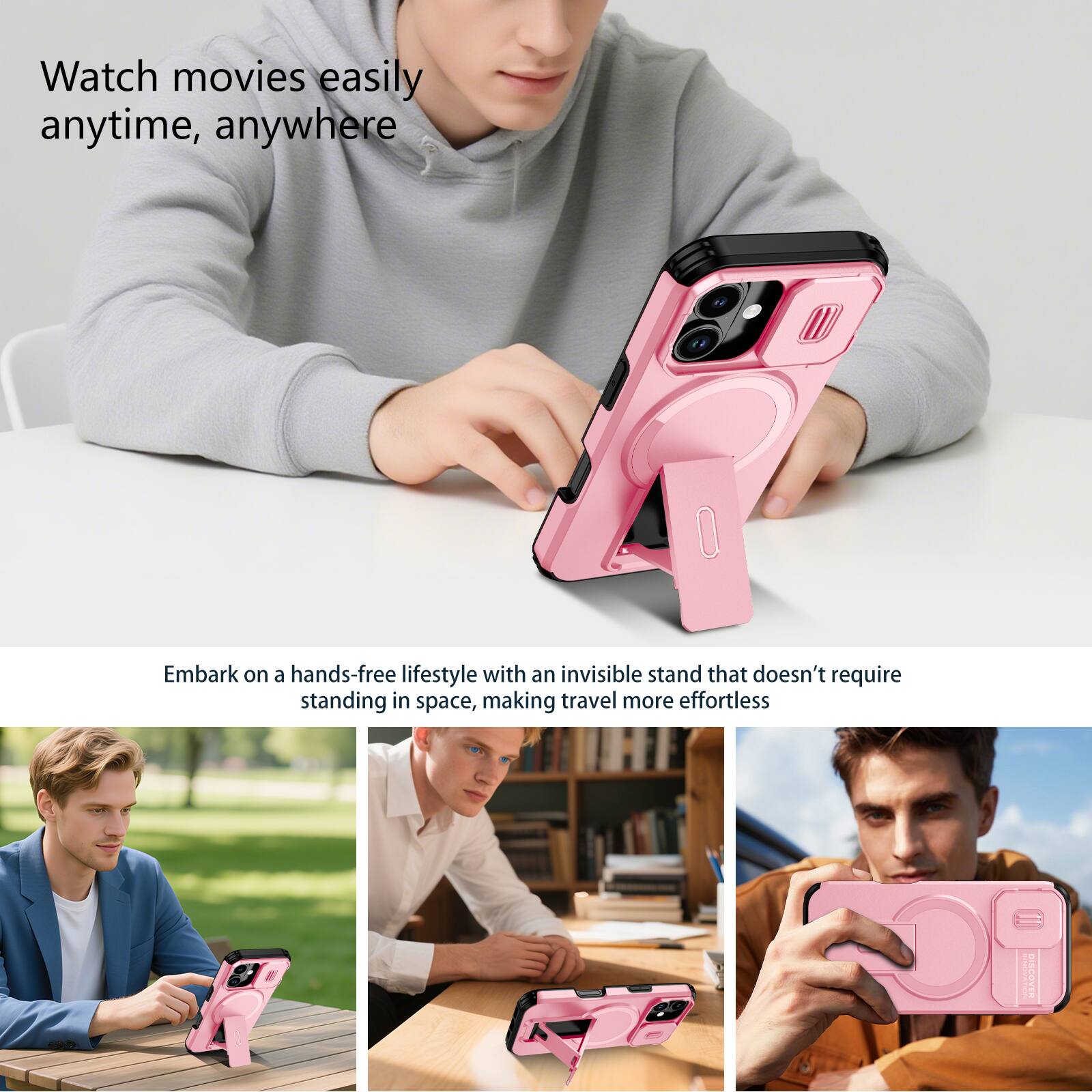 Watch movies easily anytime, anywhere

Embark on a hands-free lifestyle with an invisible stand that doesn't require standing in space, making travel more effortless