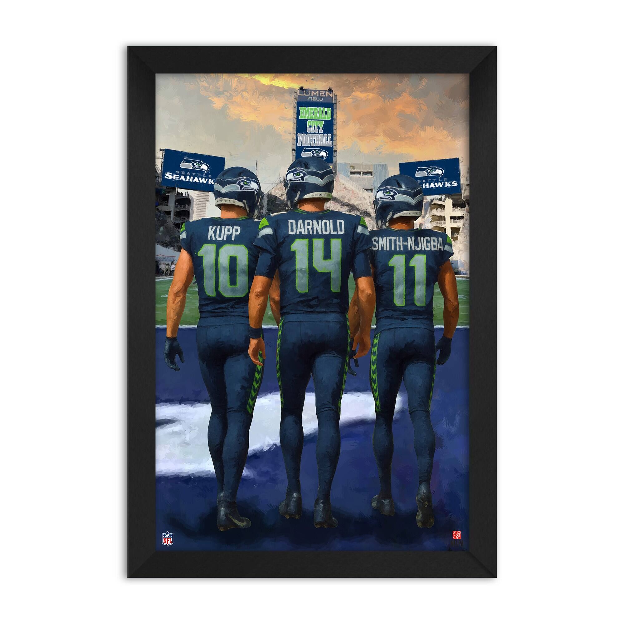 Cooper Kupp, Sam Darnold & Jaxon Smith-Njigba Seattle Seahawks Framed Three-Player Art Print