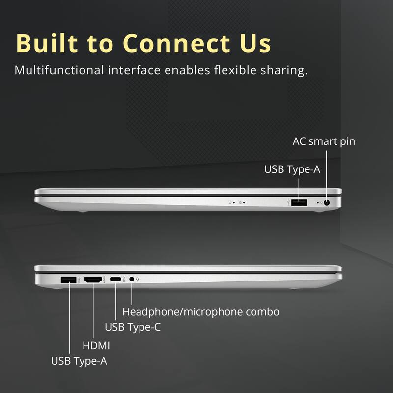 Built to Connect Us  
Multifunctional interface enables flexible sharing.  

- AC smart pin  
- USB Type-A  
- Headphone/microphone combo  
- HDMI  
- USB Type-A  
- USB Type-C