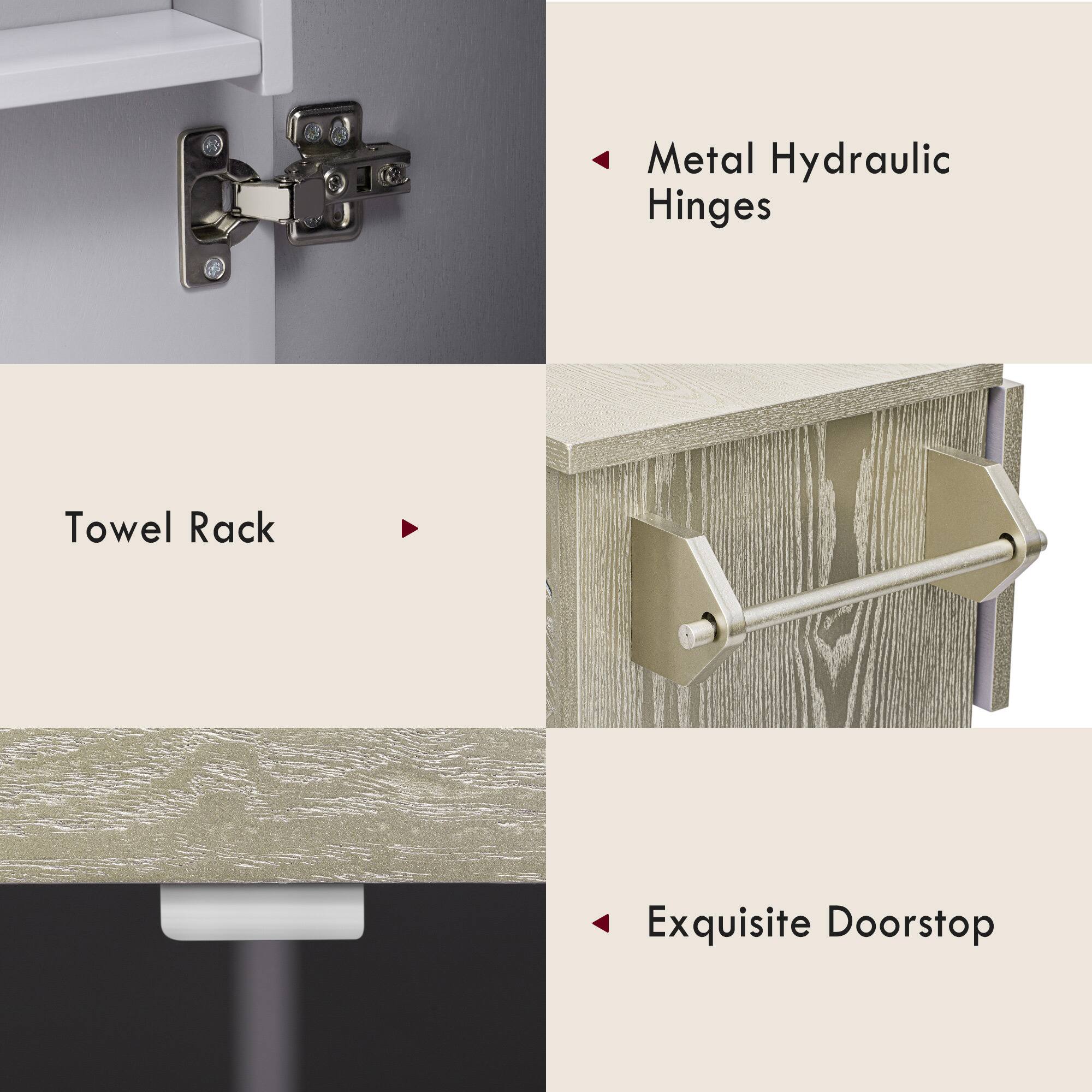 - Metal Hydraulic Hinges
- Towel Rack
- Exquisite Doorstop