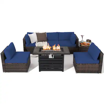 Front. Gymax - Gymax 7PCS Patio Rattan Furniture Set 42'' Fire Pit Table w/ Cover Cushioned Navy - Navy.