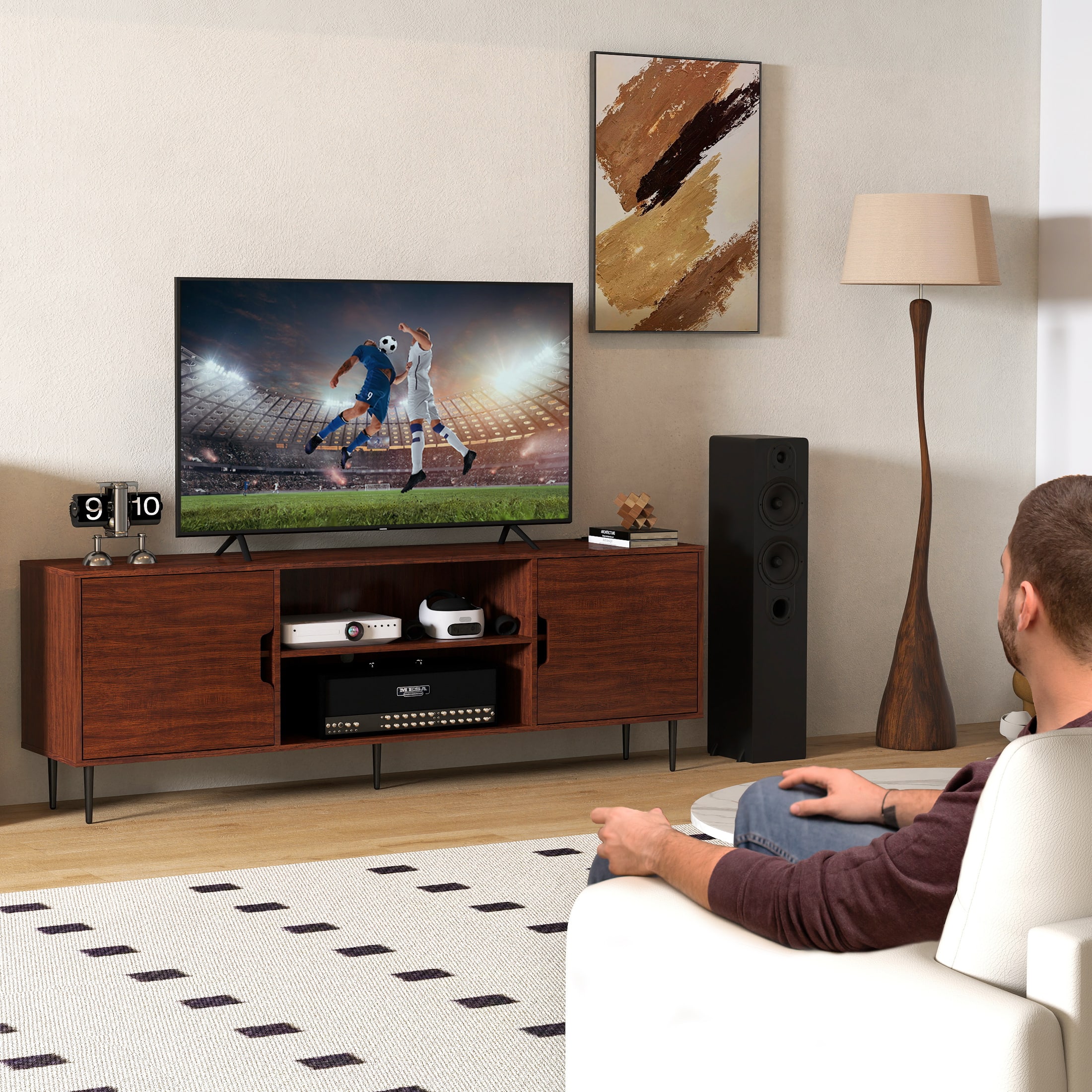 Alt View 4. Skyzoo - Skyzoo Mid-Century TV Stand for 50-85" TVs, Walnut Media Console with 2 Storage Cabinets & Open Shelves for Living Room - Walnut.