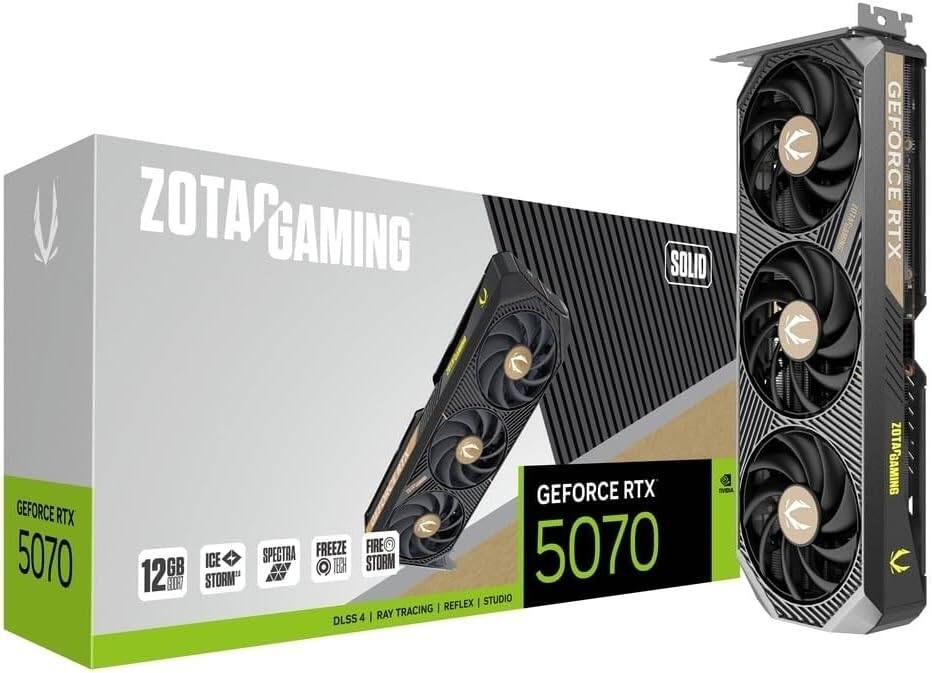 ZOTAC GAMING SOLID GEFORCE RTX 5070 12 GB GIOR ICE STORM GEFORCE RTX FREEZE FIRE 5070 SPECTRA STORM AAY TEBH AYAY REFLEX STUDIO 4 RAY TRACING DLSS TVBA ZOTAFSAMING