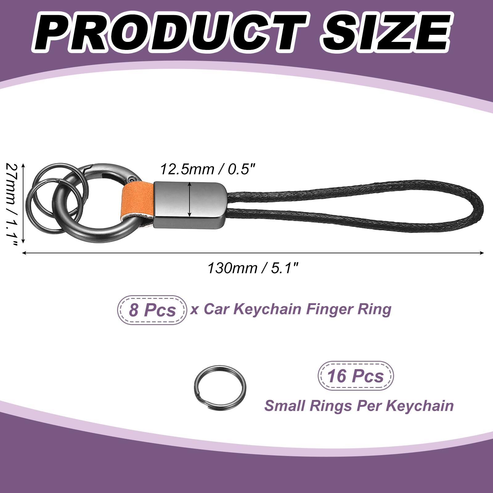 PRODUCT SIZE

27mm / 1.1"  
12.5mm / 0.5"  
130mm / 5.1"  

8 Pcs x Car Keychain Finger Ring  
16 Pcs Small Rings Per Keychain