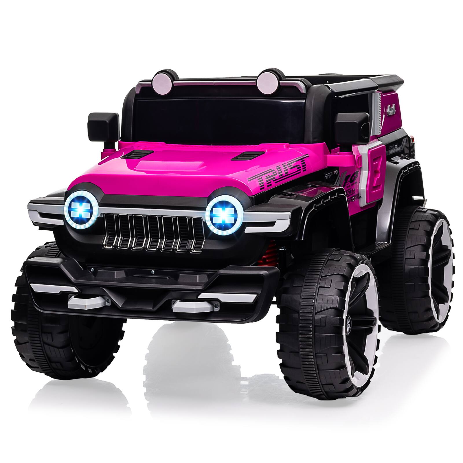 Qeetex - 12V 2-Seater Kids Ride On Truck, 4WD Electric Car w/Remote Control, Dual Motors, LED, Spare Tire - Pink