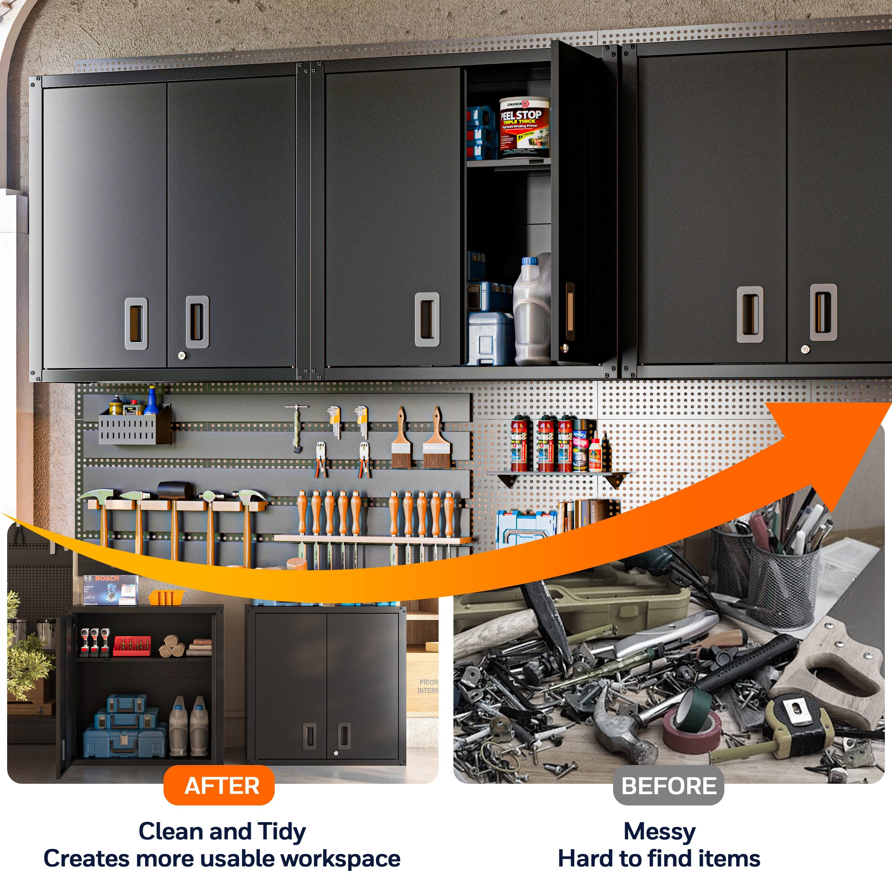 AFTER  
Clean and Tidy  
Creates more usable workspace  

BEFORE  
Messy  
Hard to find items